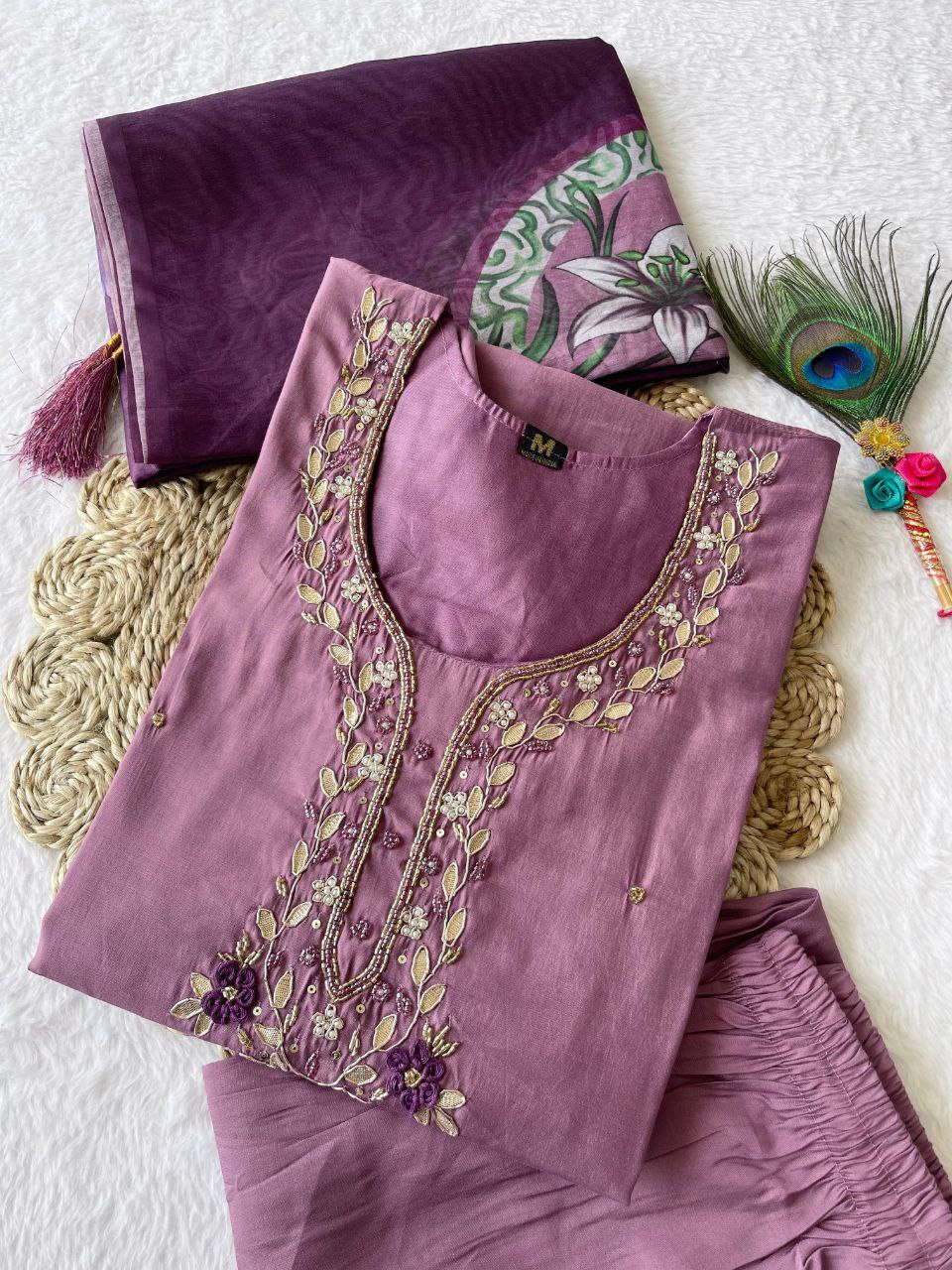 Alluring Light Wine Roman Silk Handworked Kurta Pant Dupatta Set - INDIAN ELEGANCE