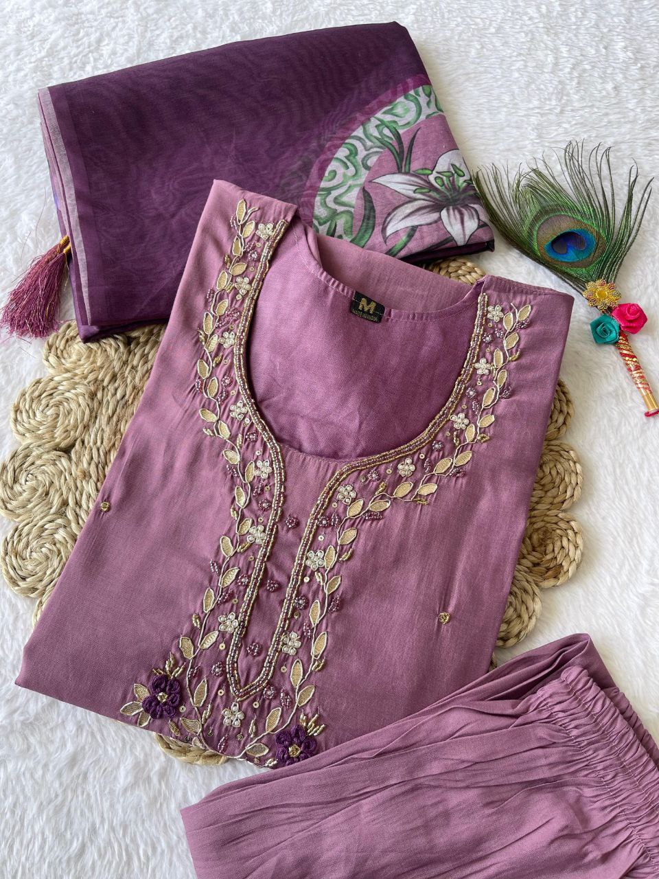 Alluring Light Wine Roman Silk Handworked Kurta Pant Dupatta Set - INDIAN ELEGANCE
