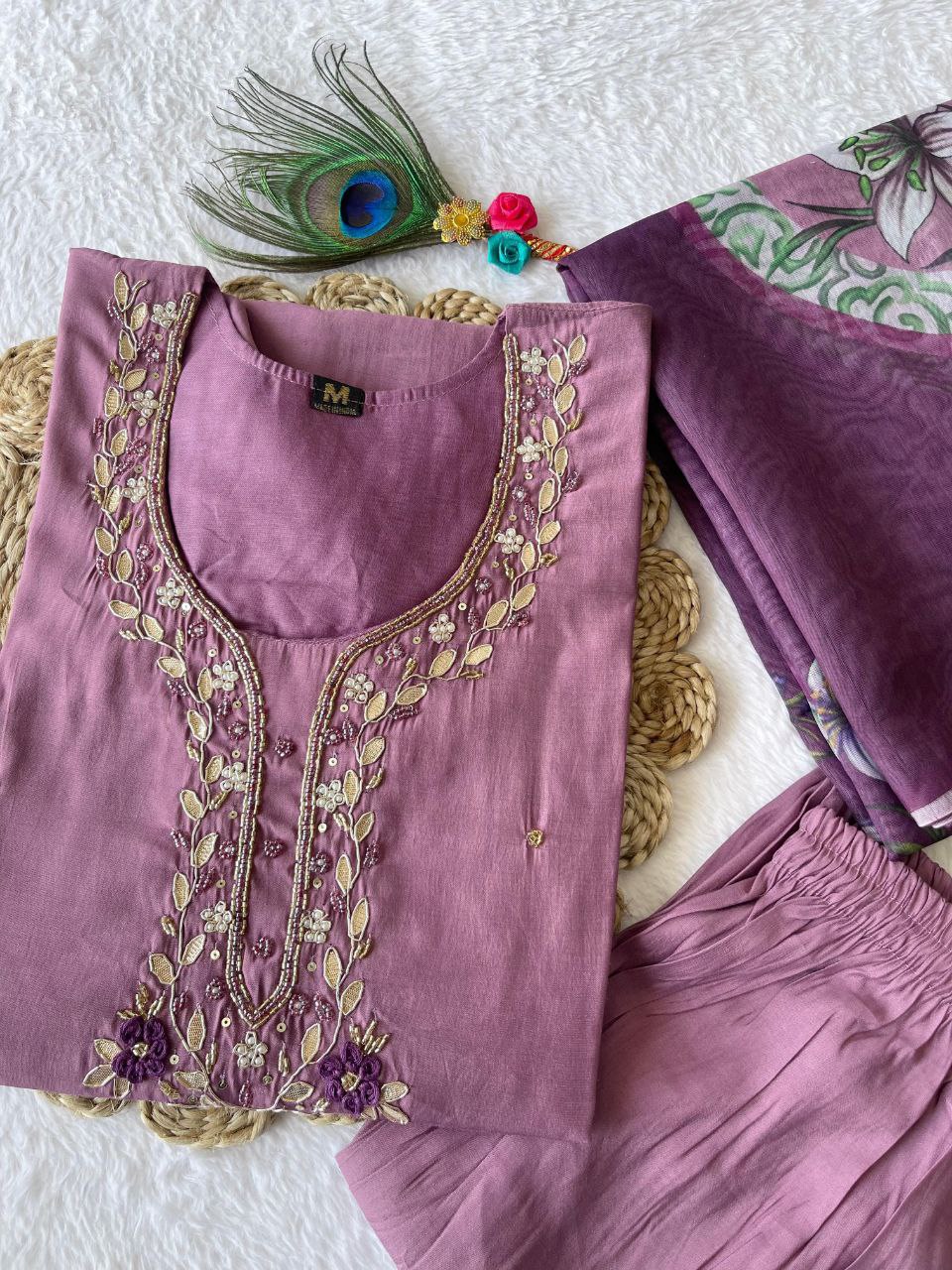 Alluring Light Wine Roman Silk Handworked Kurta Pant Dupatta Set - INDIAN ELEGANCE