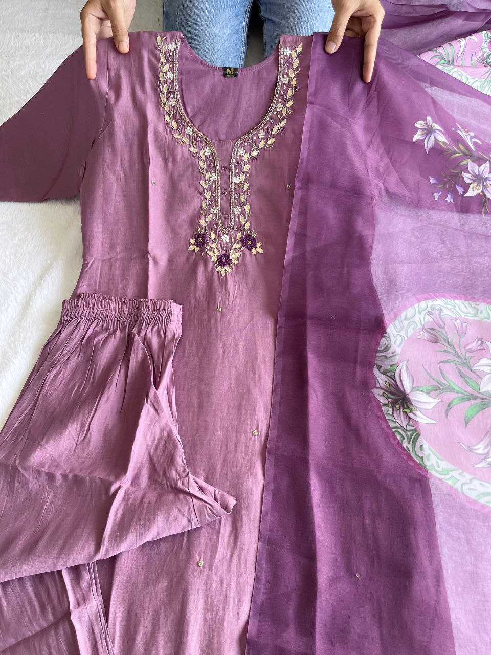 Alluring Light Wine Roman Silk Handworked Kurta Pant Dupatta Set - INDIAN ELEGANCE