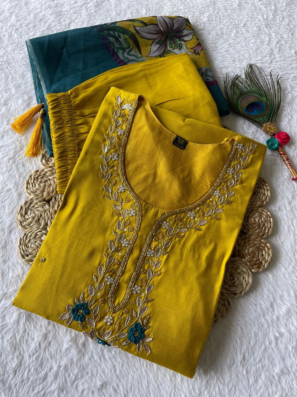Resplendent Lemon Yellow Roman Silk Handworked Kurta Pant Dupatta Set - INDIAN ELEGANCE