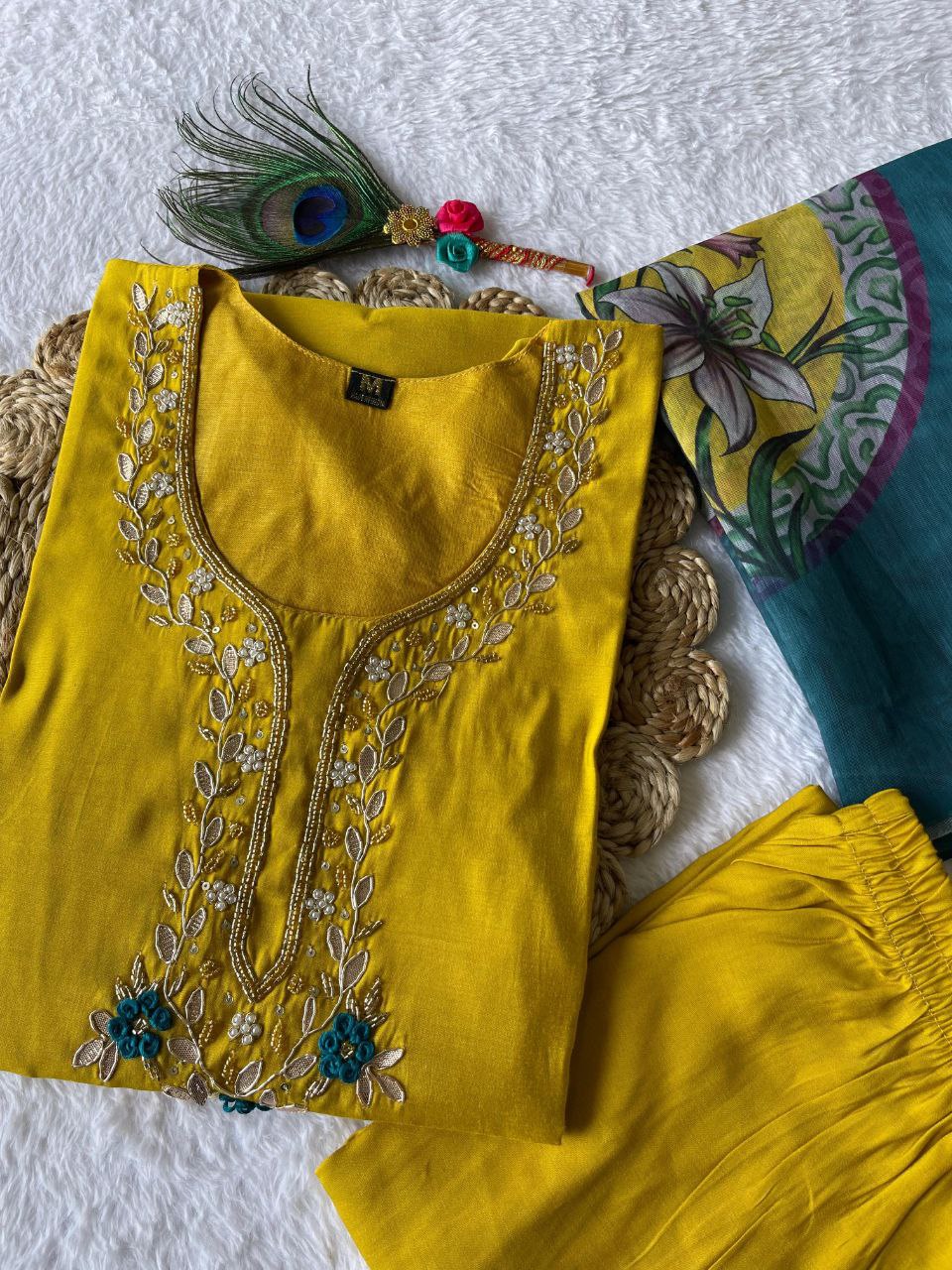 Resplendent Lemon Yellow Roman Silk Handworked Kurta Pant Dupatta Set - INDIAN ELEGANCE