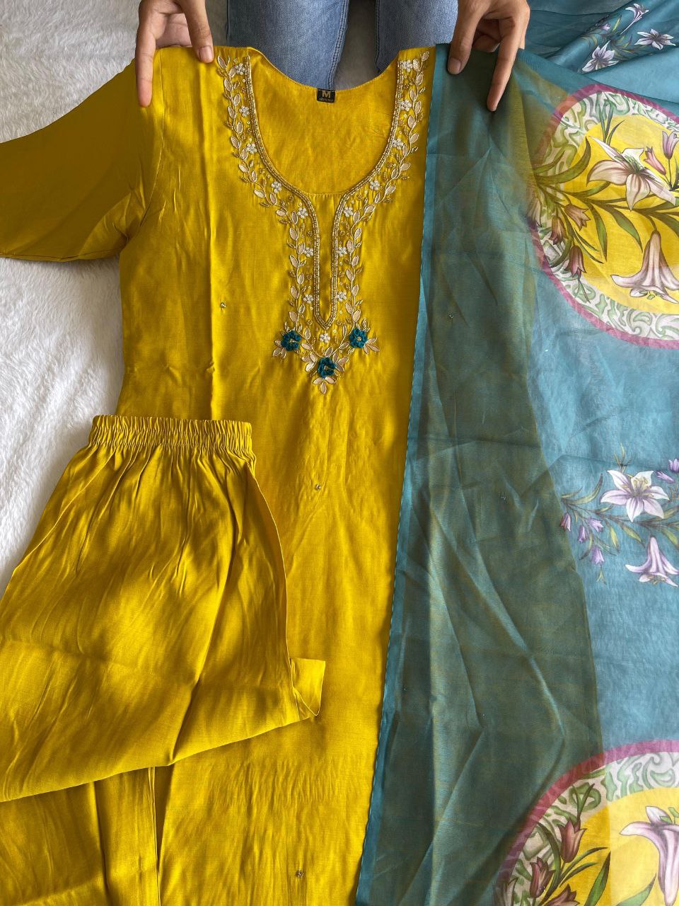 Resplendent Lemon Yellow Roman Silk Handworked Kurta Pant Dupatta Set - INDIAN ELEGANCE