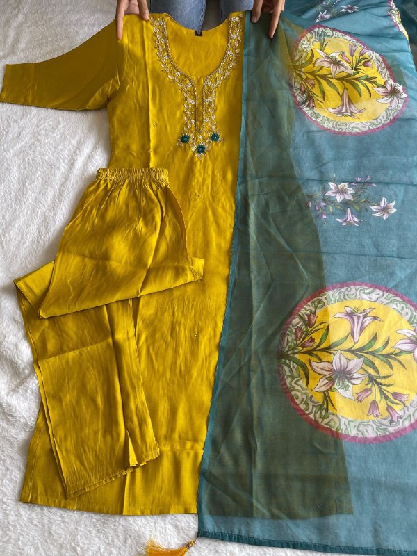 Resplendent Lemon Yellow Roman Silk Handworked Kurta Pant Dupatta Set - INDIAN ELEGANCE