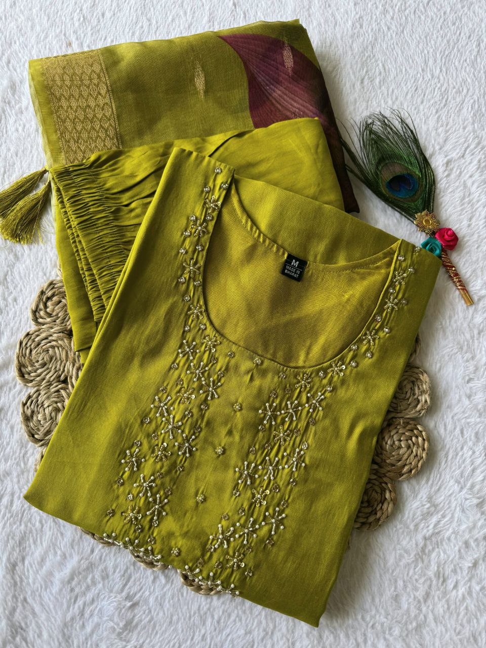 Graceful Parrot Roman Silk Handworked Kurta Pant Dupatta Set - INDIAN ELEGANCE