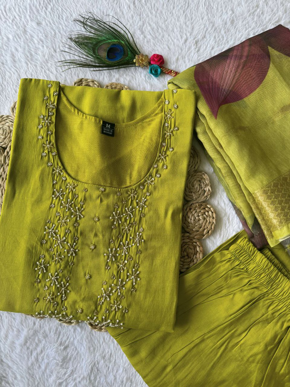 Graceful Parrot Roman Silk Handworked Kurta Pant Dupatta Set - INDIAN ELEGANCE