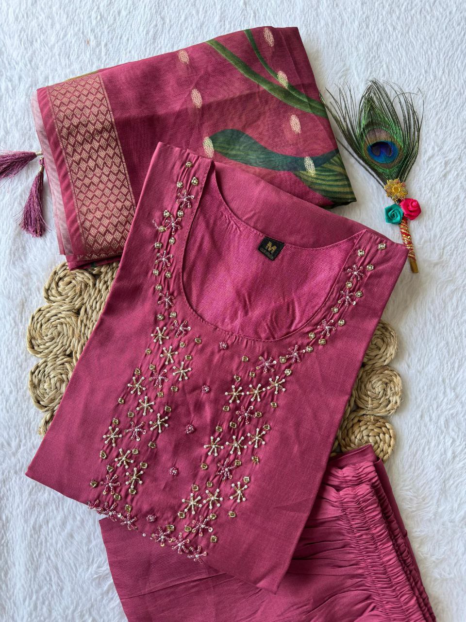 Breathtaking Rough Roman Silk Handworked Kurta Pant Dupatta Set - INDIAN ELEGANCE