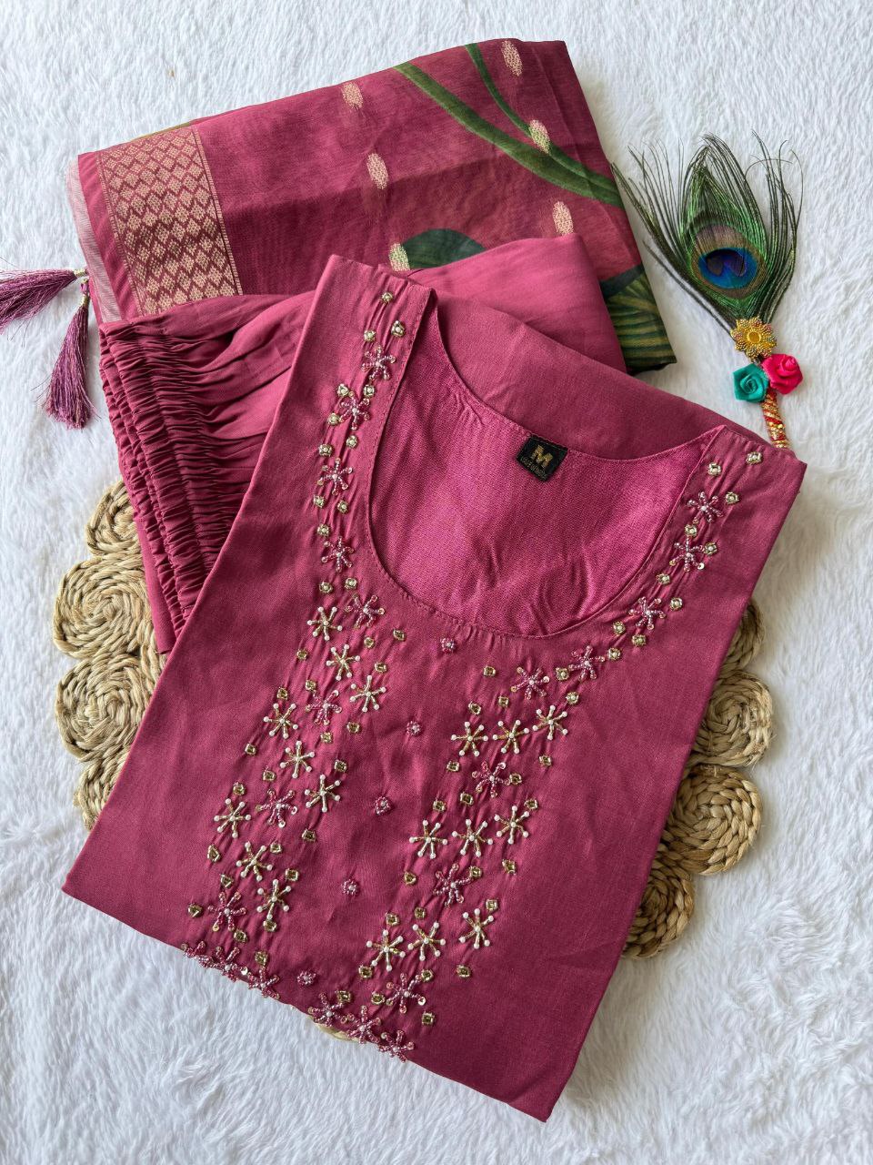 Breathtaking Rough Roman Silk Handworked Kurta Pant Dupatta Set - INDIAN ELEGANCE