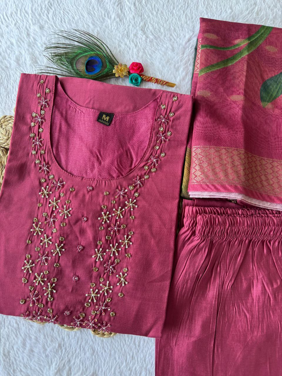 Breathtaking Rough Roman Silk Handworked Kurta Pant Dupatta Set - INDIAN ELEGANCE