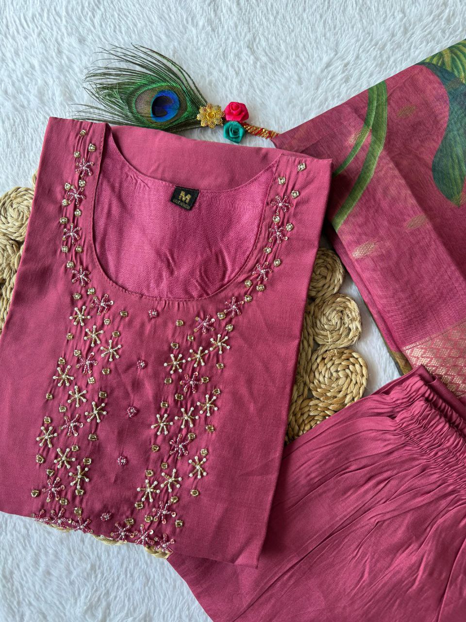 Breathtaking Rough Roman Silk Handworked Kurta Pant Dupatta Set - INDIAN ELEGANCE