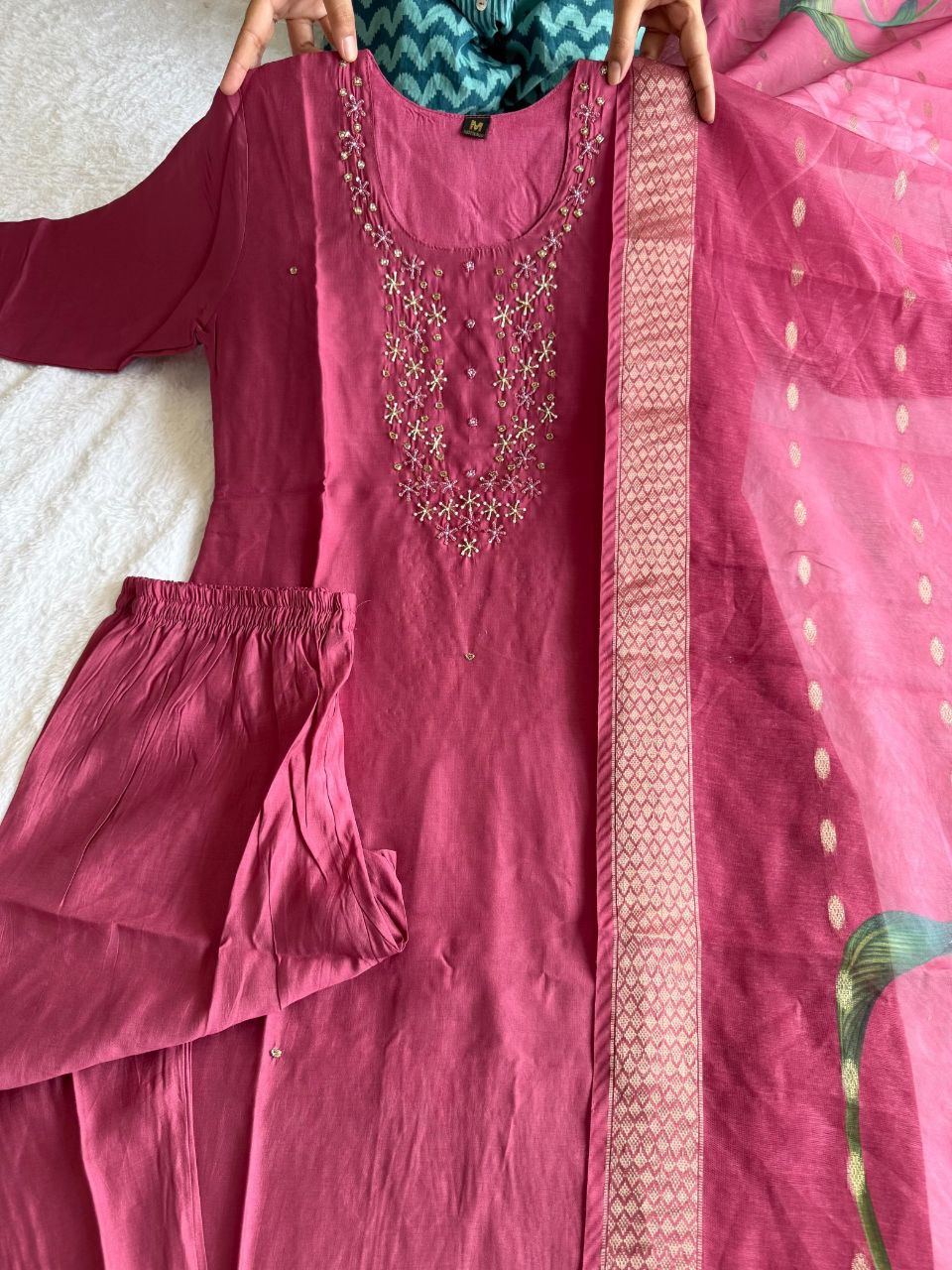Breathtaking Rough Roman Silk Handworked Kurta Pant Dupatta Set - INDIAN ELEGANCE