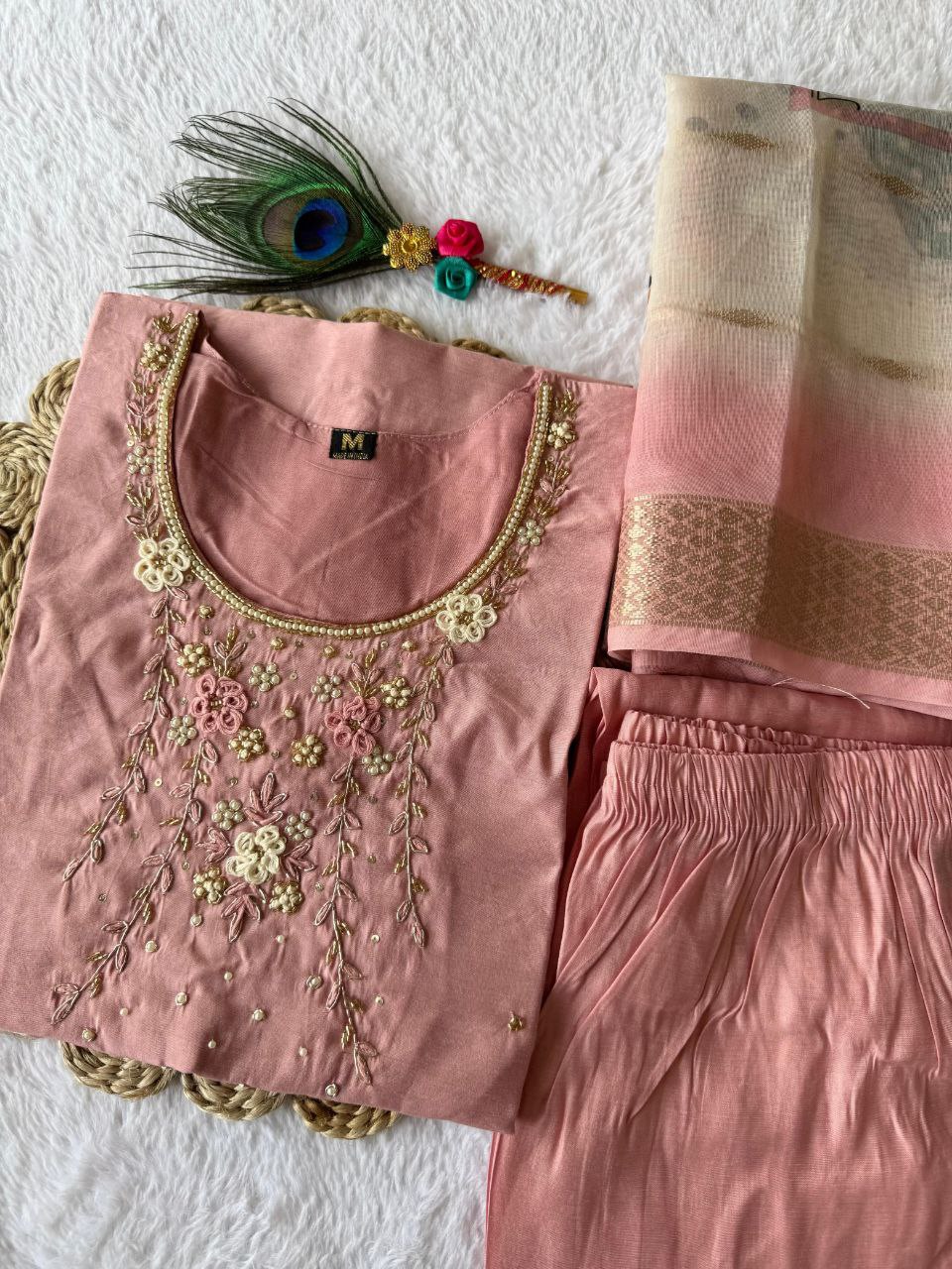 Magnificent Peach Roman Silk Handworked Kurta Pant Dupatta Set - INDIAN ELEGANCE