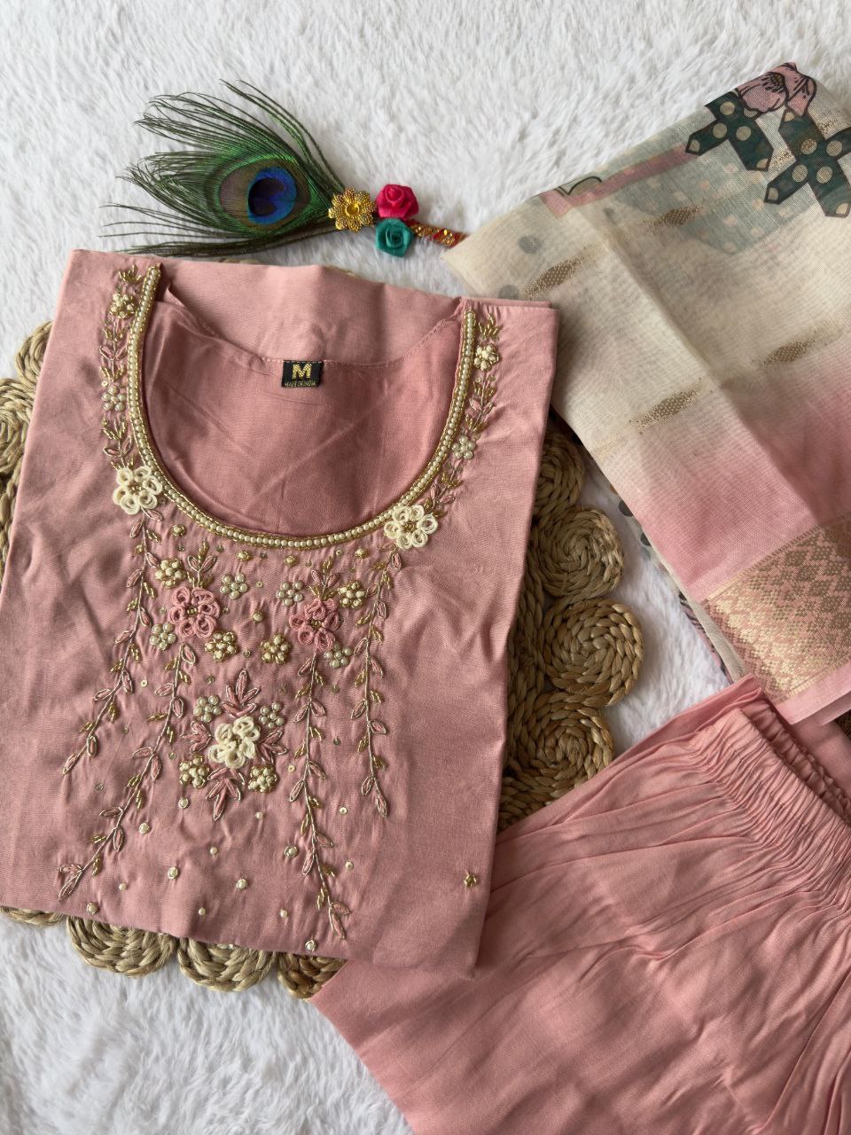 Magnificent Peach Roman Silk Handworked Kurta Pant Dupatta Set - INDIAN ELEGANCE