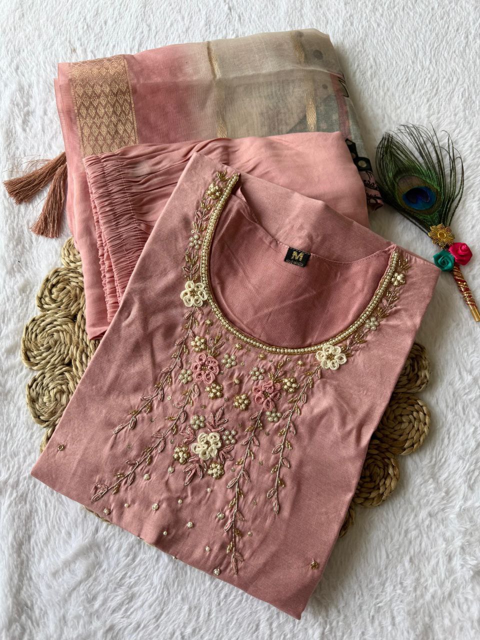 Magnificent Peach Roman Silk Handworked Kurta Pant Dupatta Set - INDIAN ELEGANCE