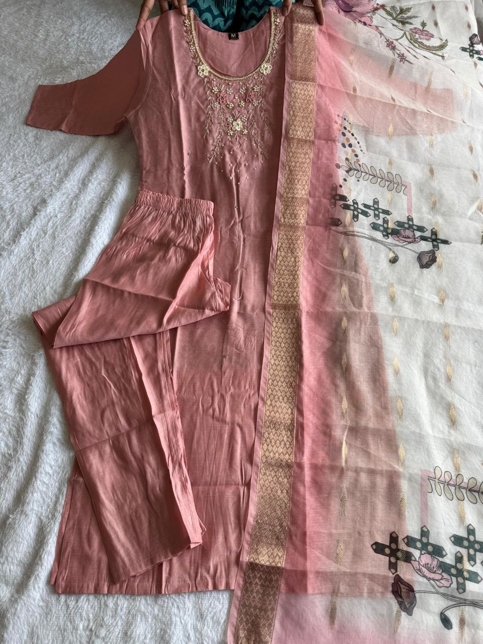 Magnificent Peach Roman Silk Handworked Kurta Pant Dupatta Set - INDIAN ELEGANCE
