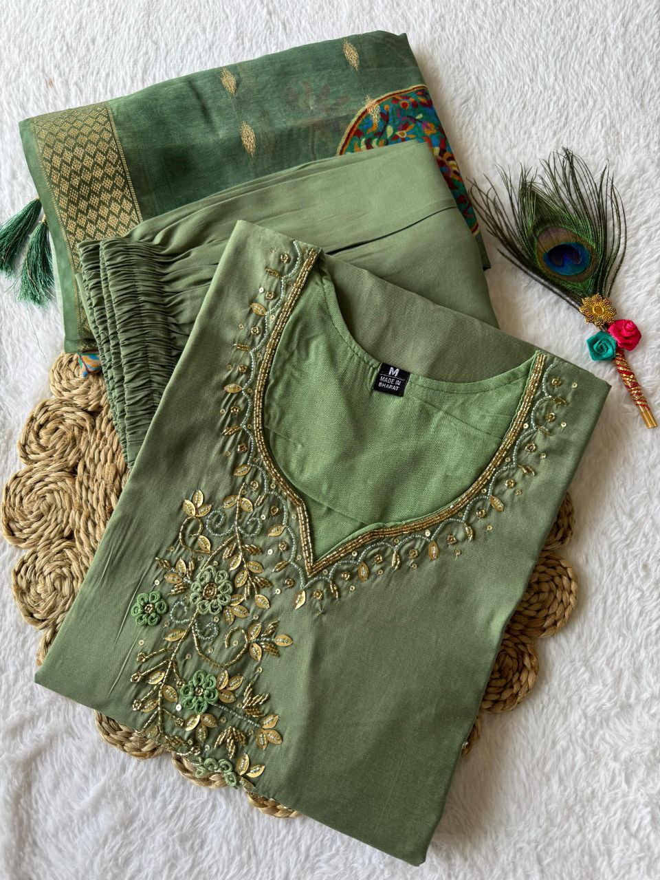 Elegant Pista Roman Silk Handworked Kurta Pant Dupatta Set - INDIAN ELEGANCE