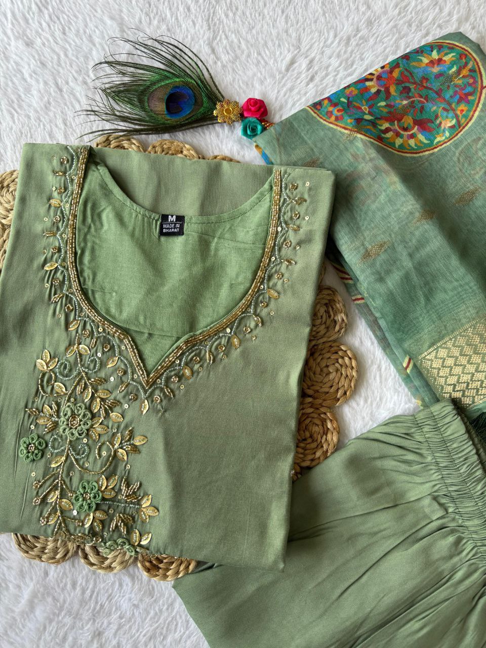 Elegant Pista Roman Silk Handworked Kurta Pant Dupatta Set - INDIAN ELEGANCE
