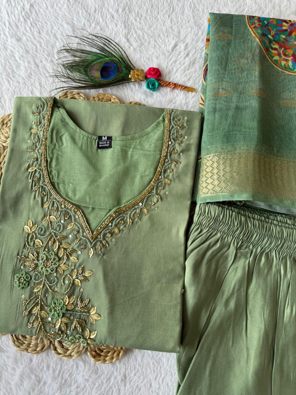 Elegant Pista Roman Silk Handworked Kurta Pant Dupatta Set - INDIAN ELEGANCE