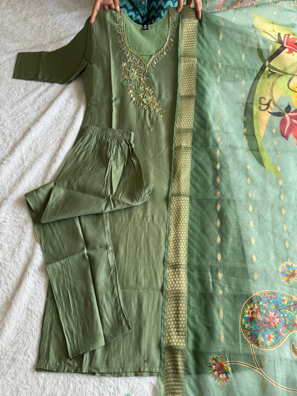 Elegant Pista Roman Silk Handworked Kurta Pant Dupatta Set - INDIAN ELEGANCE