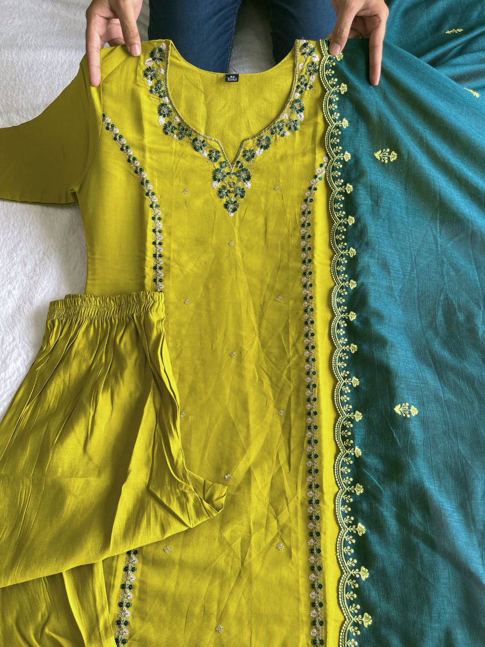 Sublime Parrot Green Roman Silk Handworked Kurta Pant Dupatta Set - INDIAN ELEGANCE