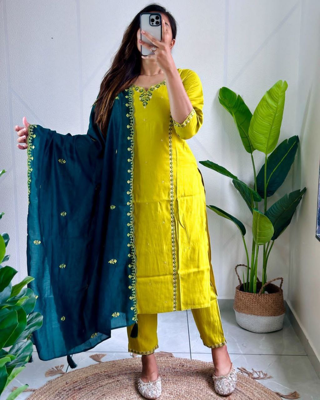 Sublime Parrot Green Roman Silk Handworked Kurta Pant Dupatta Set - INDIAN ELEGANCE