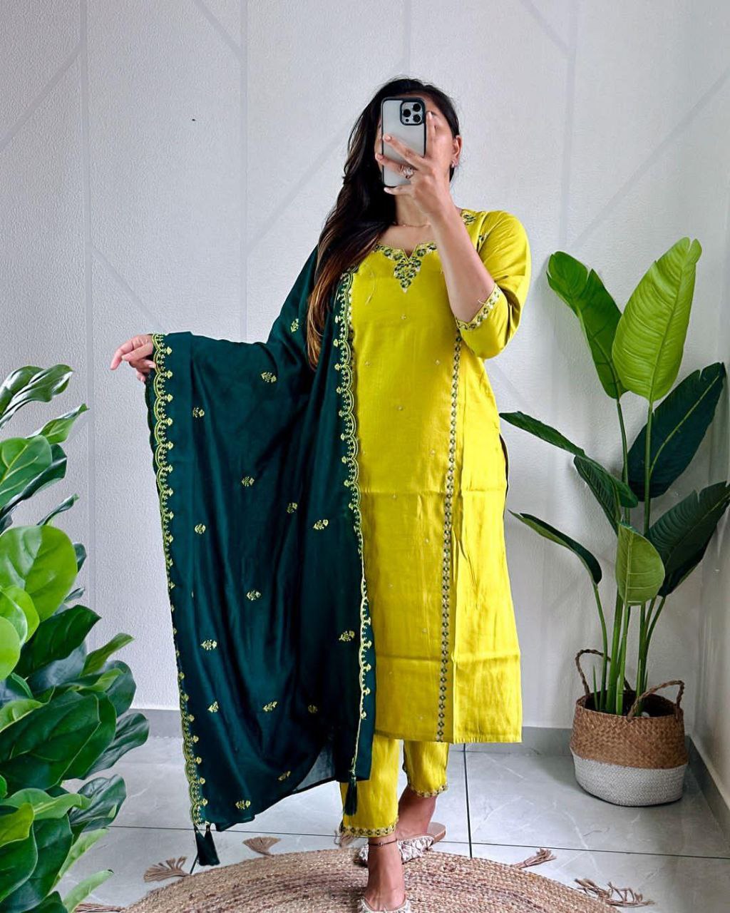 Sublime Parrot Green Roman Silk Handworked Kurta Pant Dupatta Set - INDIAN ELEGANCE