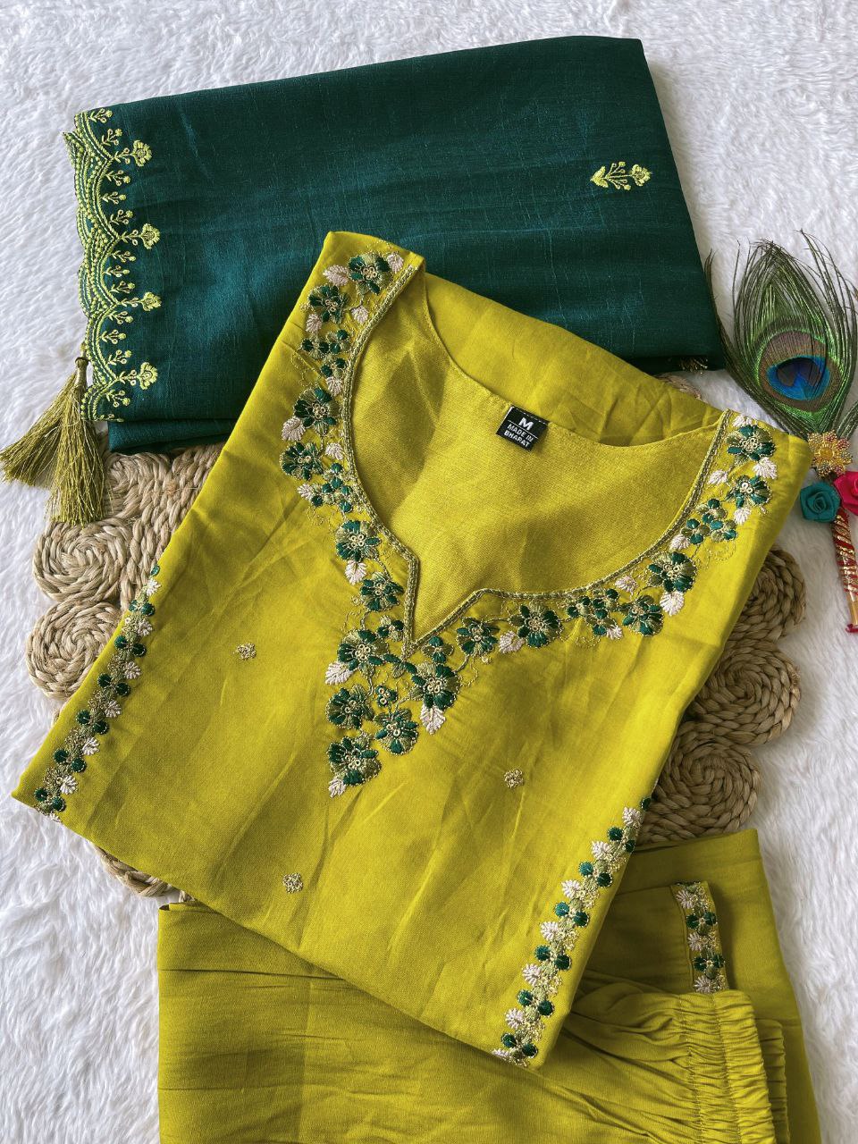 Sublime Parrot Green Roman Silk Handworked Kurta Pant Dupatta Set - INDIAN ELEGANCE