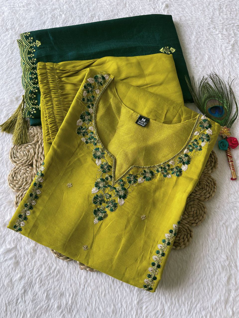 Sublime Parrot Green Roman Silk Handworked Kurta Pant Dupatta Set - INDIAN ELEGANCE