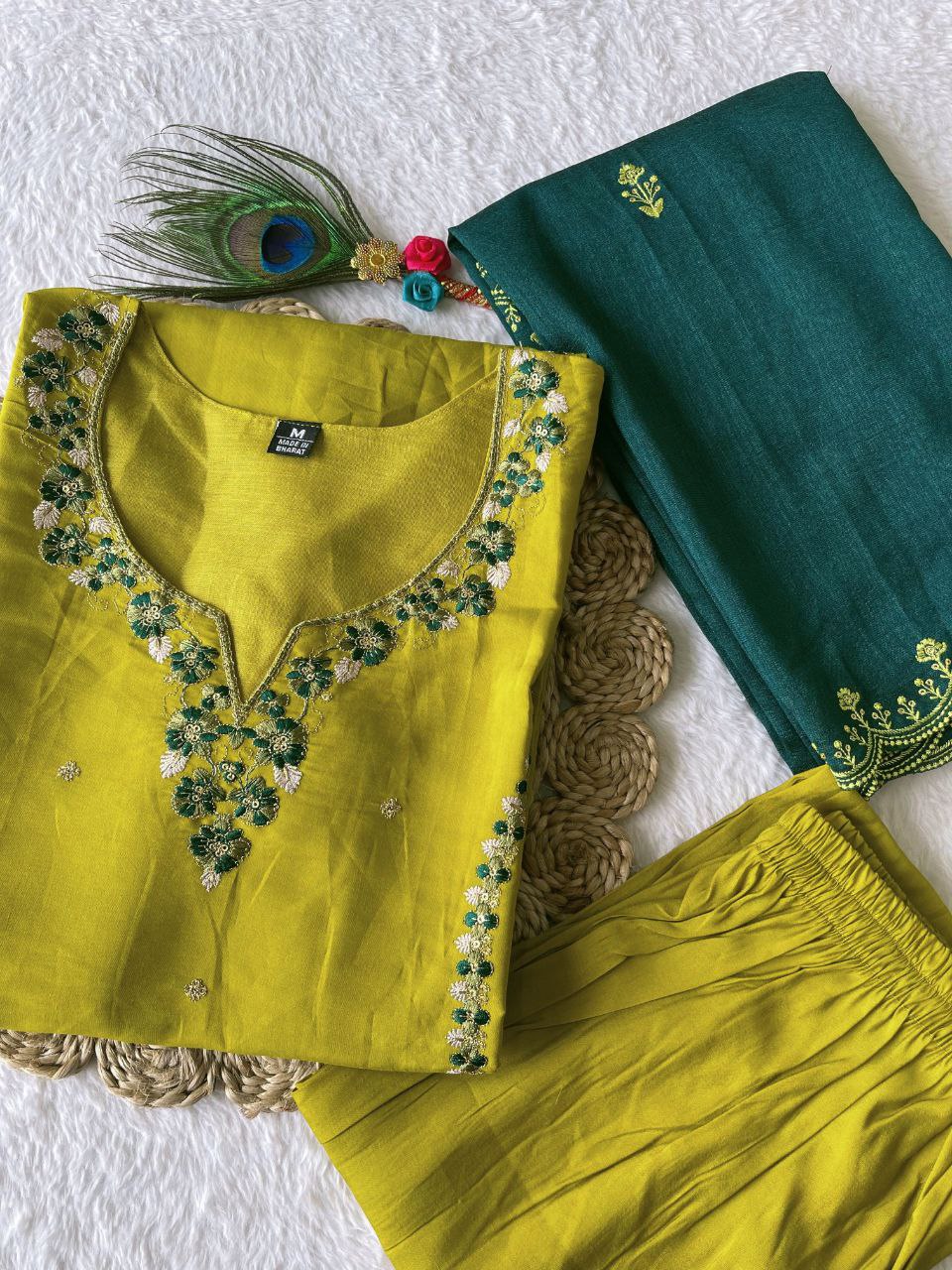 Sublime Parrot Green Roman Silk Handworked Kurta Pant Dupatta Set - INDIAN ELEGANCE