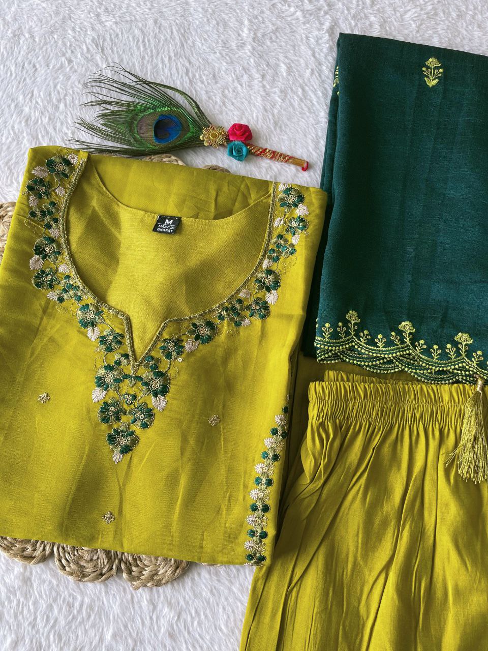 Sublime Parrot Green Roman Silk Handworked Kurta Pant Dupatta Set - INDIAN ELEGANCE
