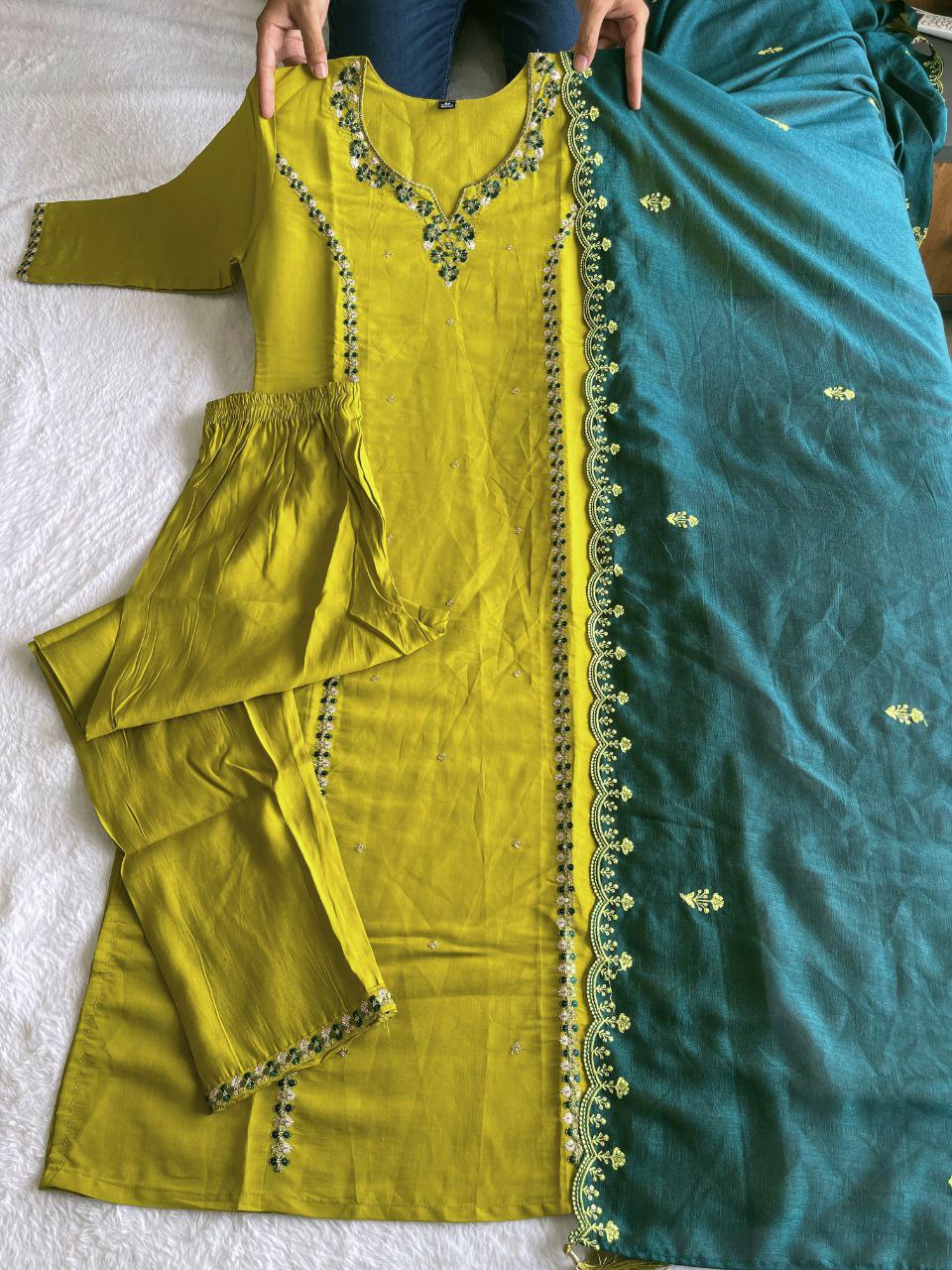 Sublime Parrot Green Roman Silk Handworked Kurta Pant Dupatta Set - INDIAN ELEGANCE