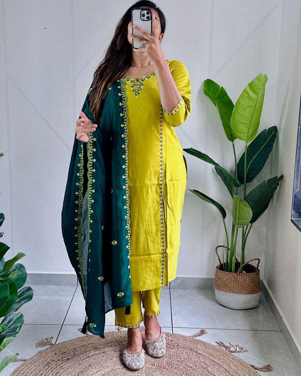 Sublime Parrot Green Roman Silk Handworked Kurta Pant Dupatta Set - INDIAN ELEGANCE