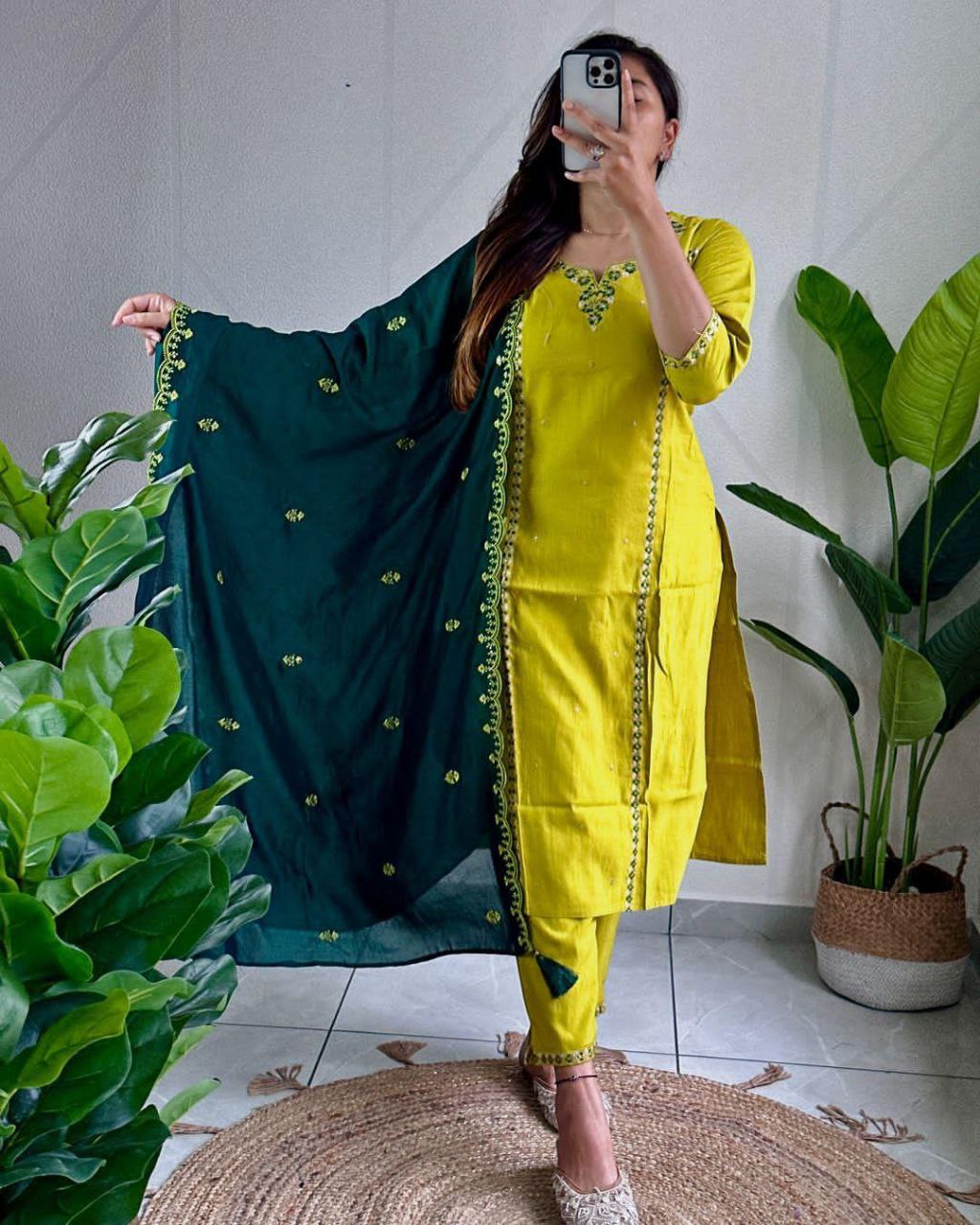 Sublime Parrot Green Roman Silk Handworked Kurta Pant Dupatta Set - INDIAN ELEGANCE