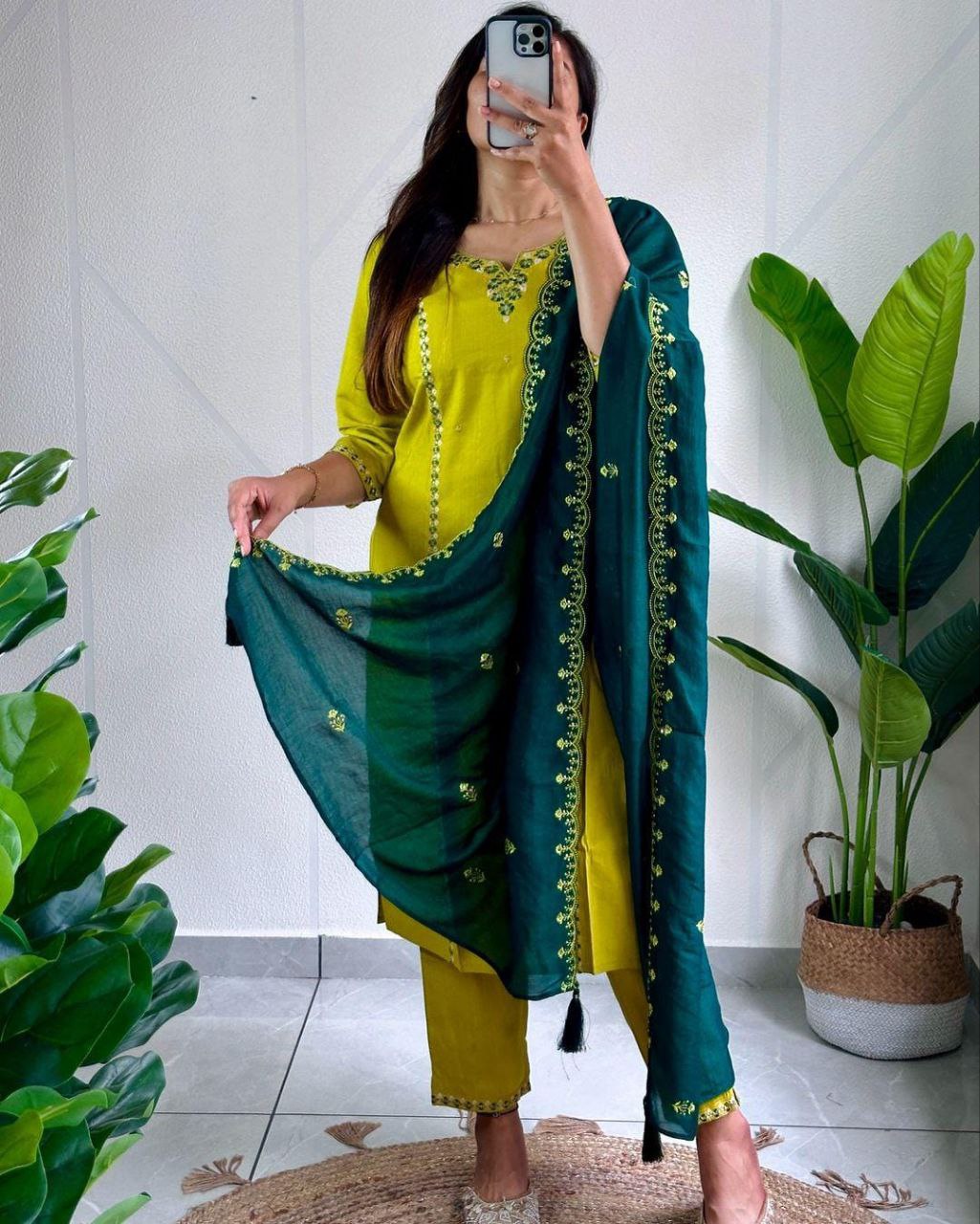Sublime Parrot Green Roman Silk Handworked Kurta Pant Dupatta Set - INDIAN ELEGANCE