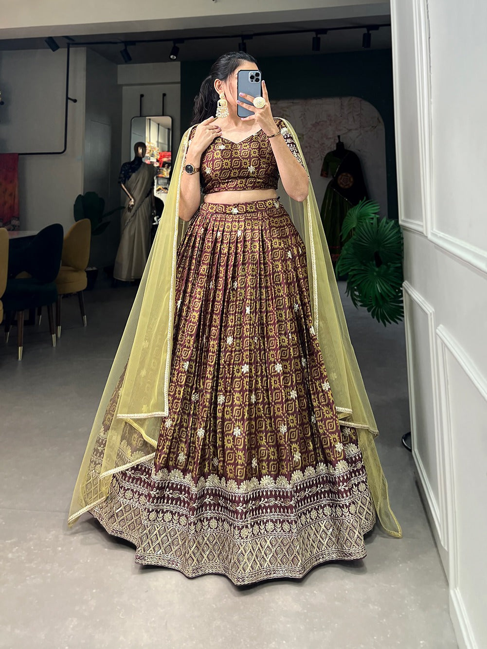 Refined Chinon Digital Printed Sequins Embroidered Lehenga Choli - INDIAN ELEGANCE