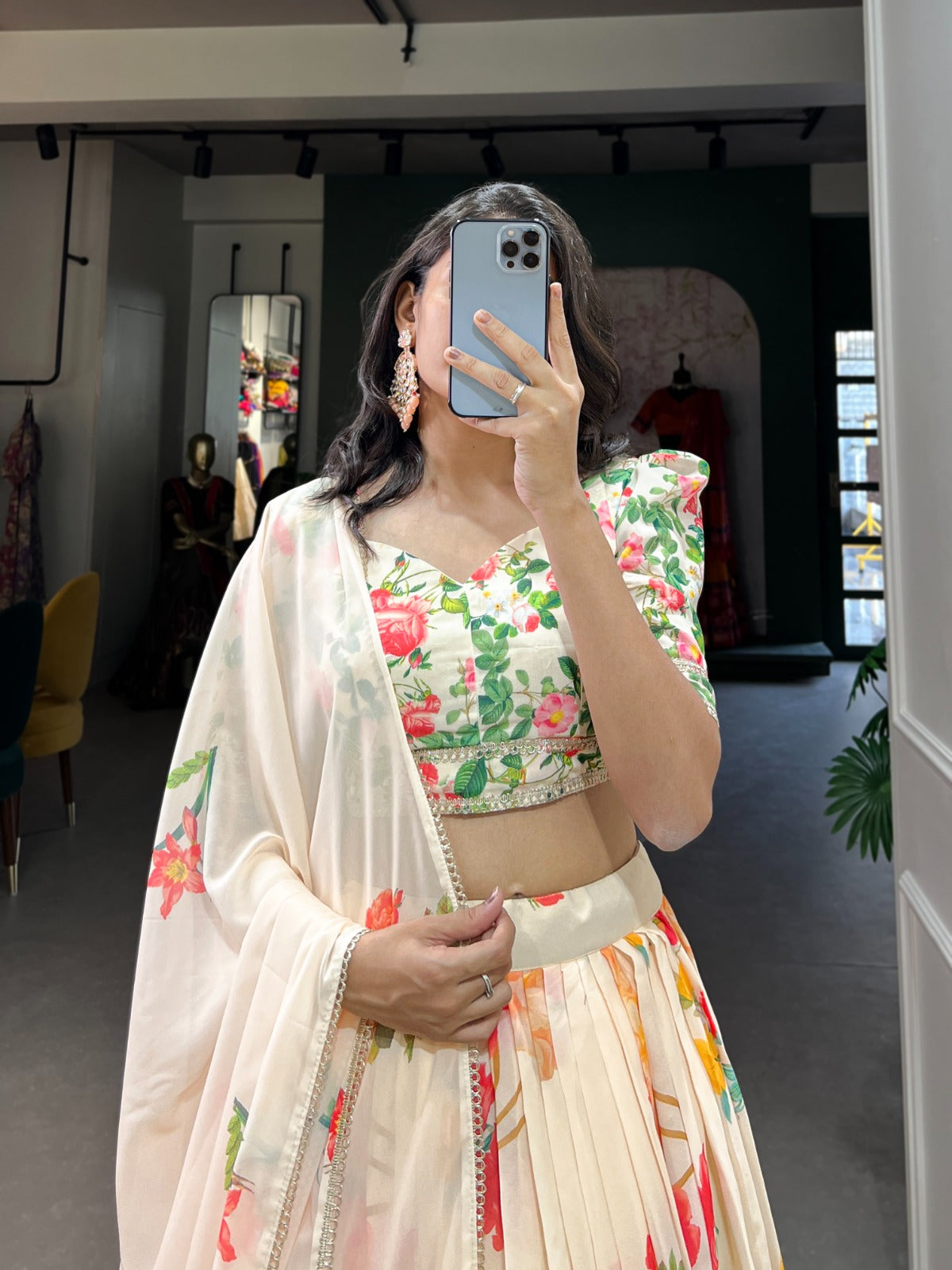 Fetching Cream Georgette Floral Printed Lehenga Choli Set - INDIAN ELEGANCE