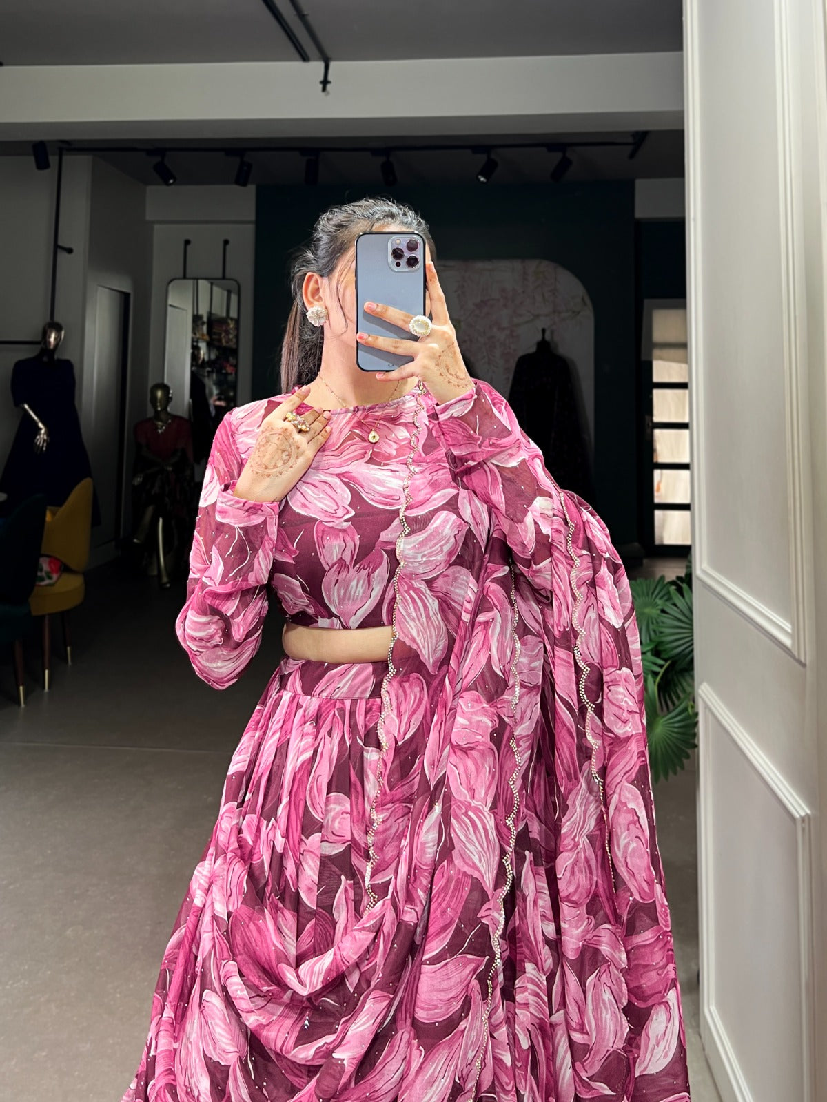 Spellbinding Tabby Silk Printed Hotfix Worked Lehenga Choli - INDIAN ELEGANCE