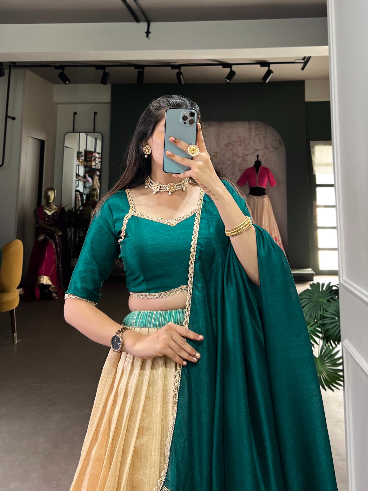 Elegant Silk Printed lace Border Worked Stitched Lehenga Choli - INDIAN ELEGANCE