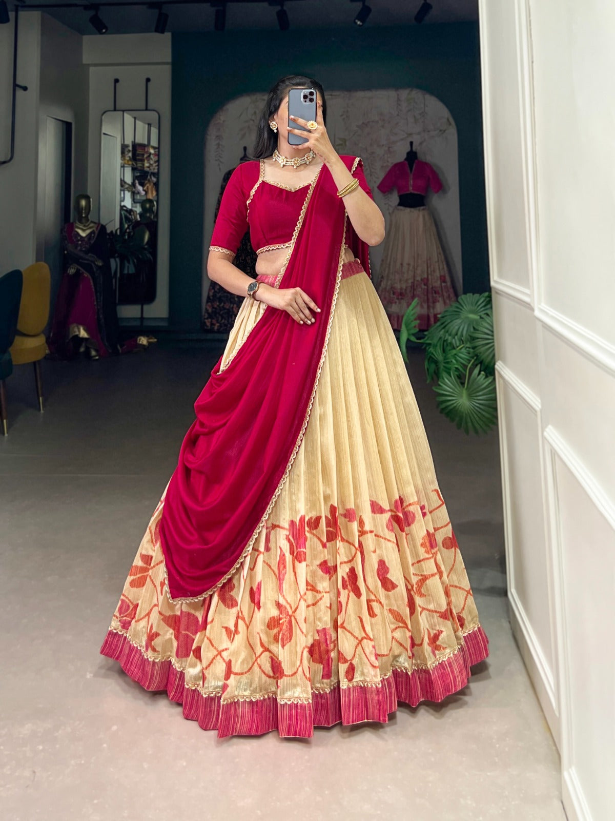 Elegant Silk Printed lace Border Worked Stitched Lehenga Choli - INDIAN ELEGANCE
