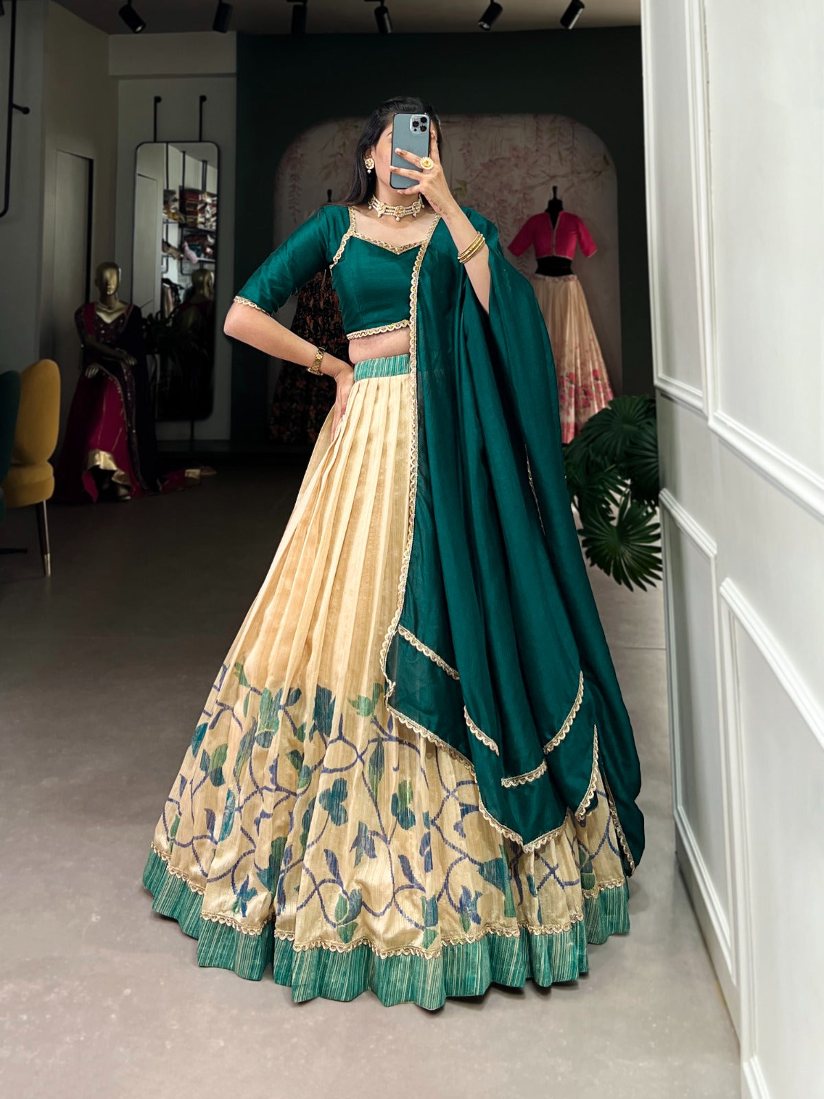 Elegant Silk Printed lace Border Worked Stitched Lehenga Choli - INDIAN ELEGANCE