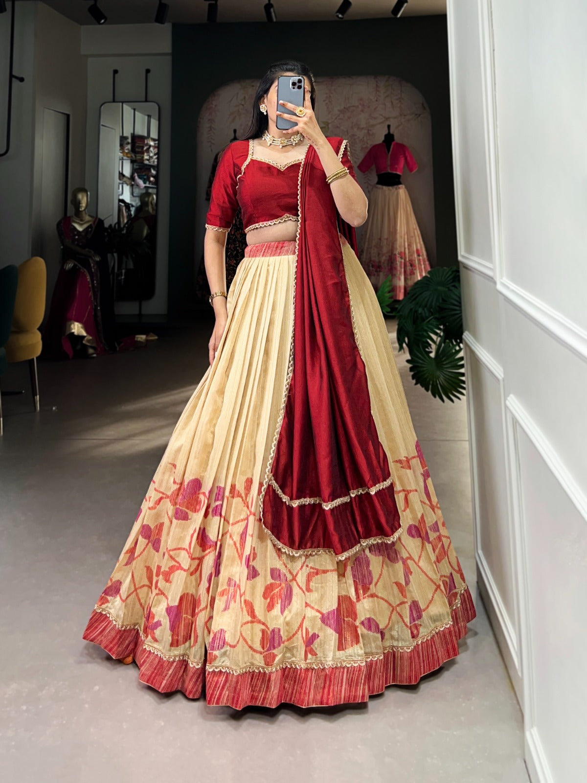 Elegant Silk Printed lace Border Worked Stitched Lehenga Choli - INDIAN ELEGANCE
