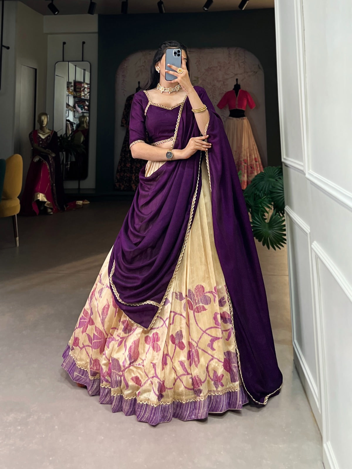 Elegant Silk Printed lace Border Worked Stitched Lehenga Choli - INDIAN ELEGANCE