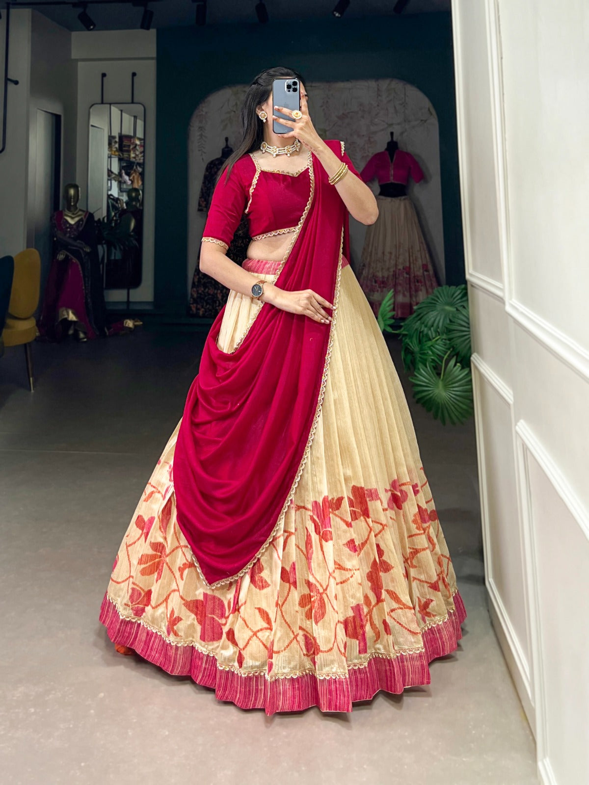Elegant Silk Printed lace Border Worked Stitched Lehenga Choli - INDIAN ELEGANCE