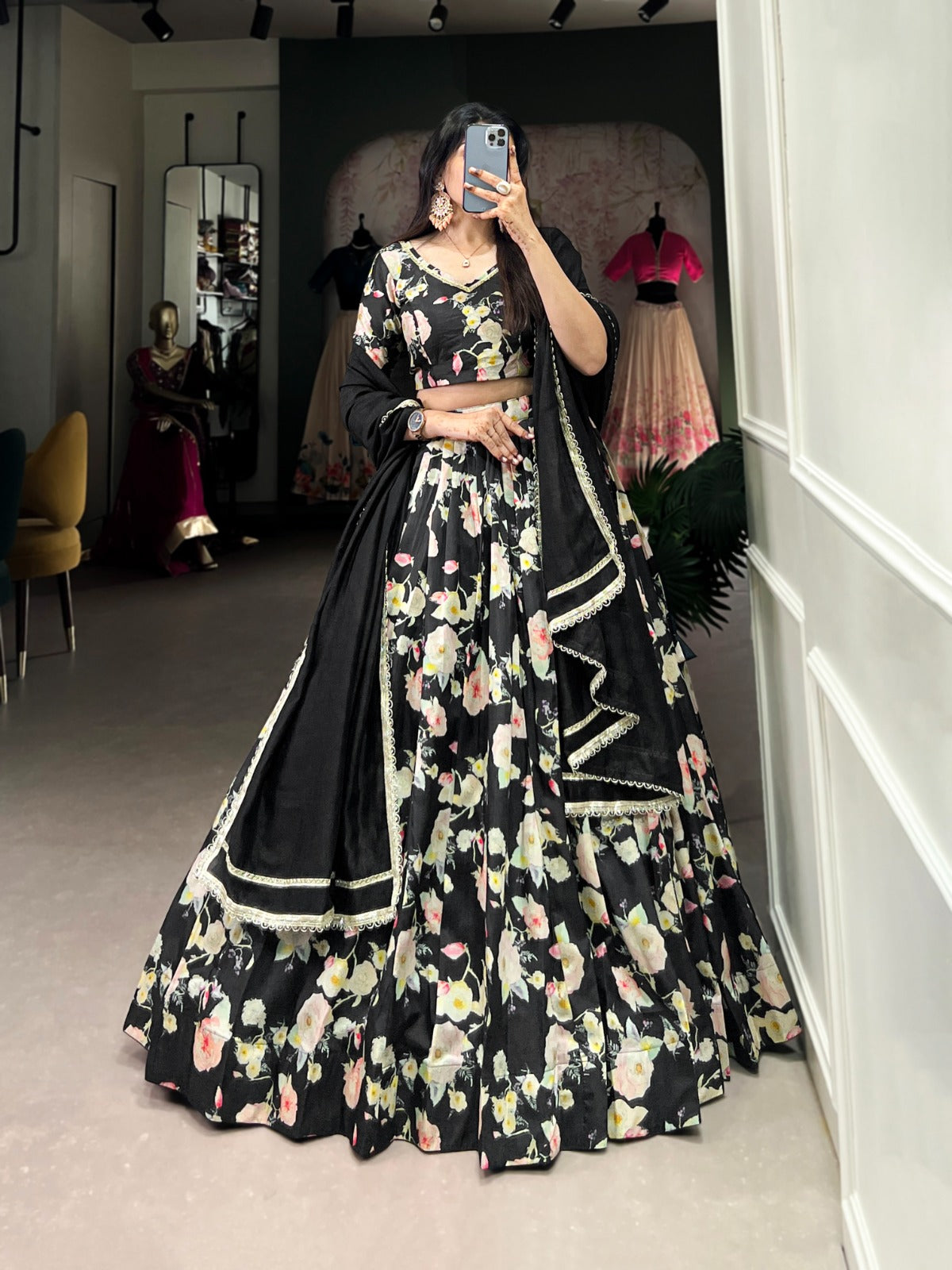 Breathtaking Black Tussar Silk Floral Digital Printed Lehenga Choli - INDIAN ELEGANCE