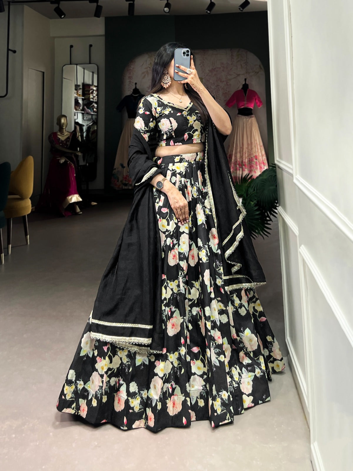 Breathtaking Black Tussar Silk Floral Digital Printed Lehenga Choli - INDIAN ELEGANCE