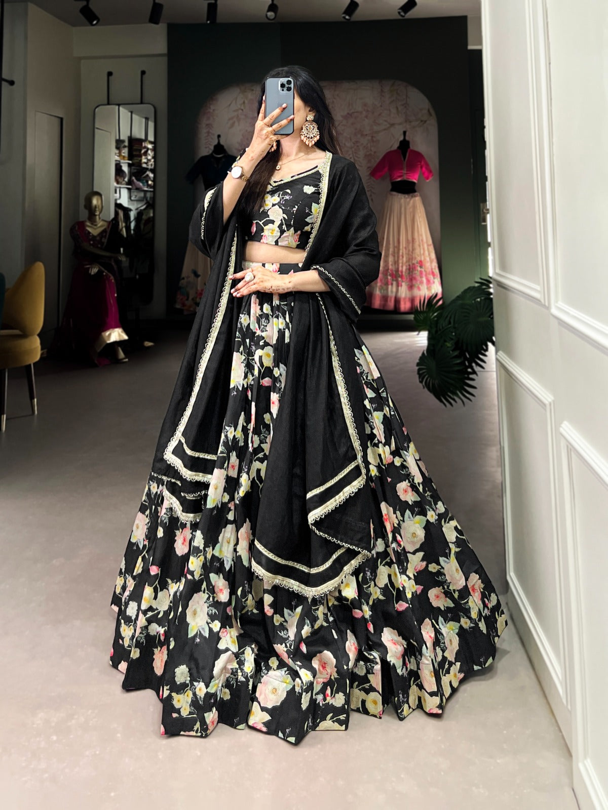 Breathtaking Black Tussar Silk Floral Digital Printed Lehenga Choli - INDIAN ELEGANCE