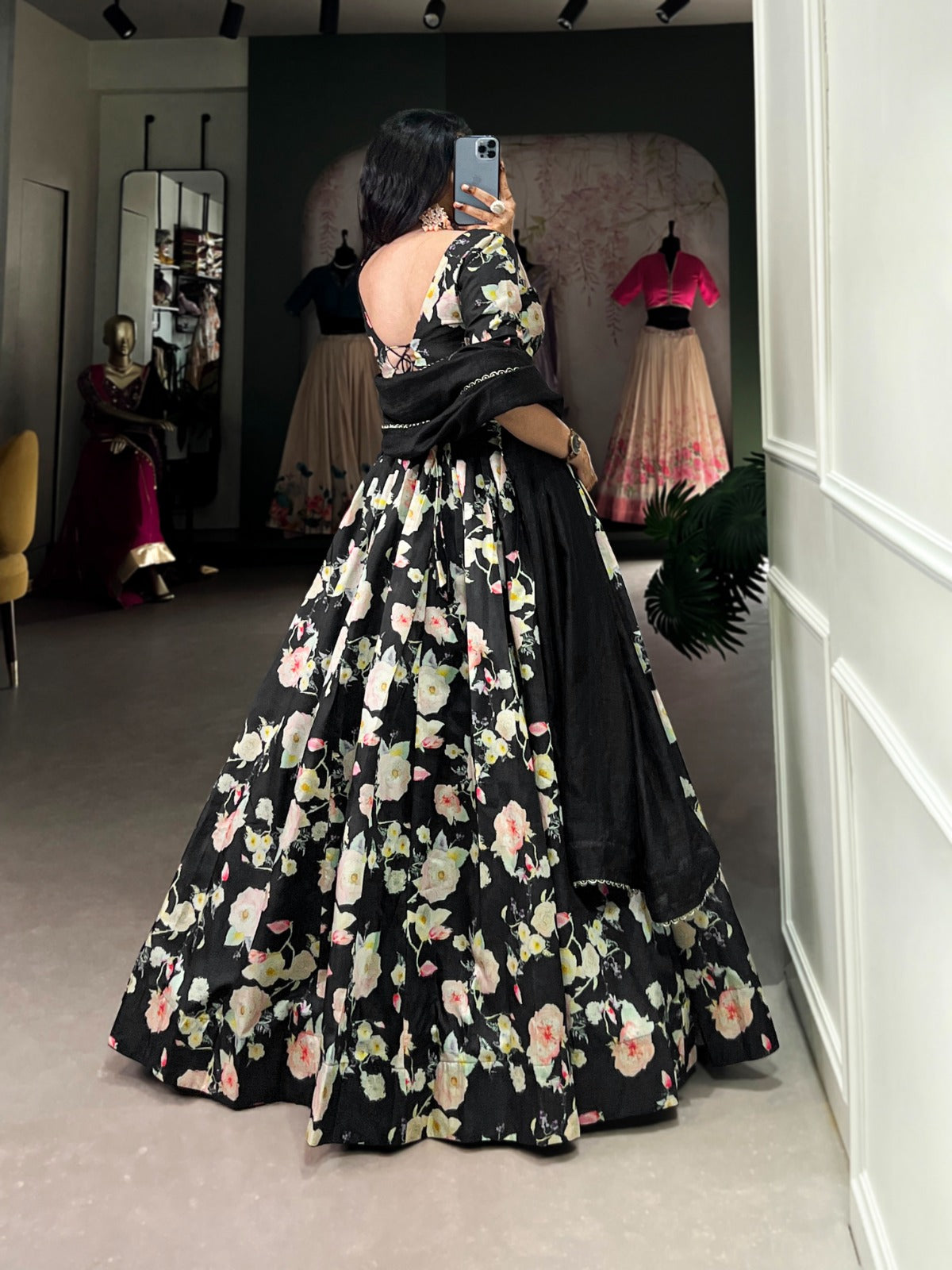Breathtaking Black Tussar Silk Floral Digital Printed Lehenga Choli - INDIAN ELEGANCE