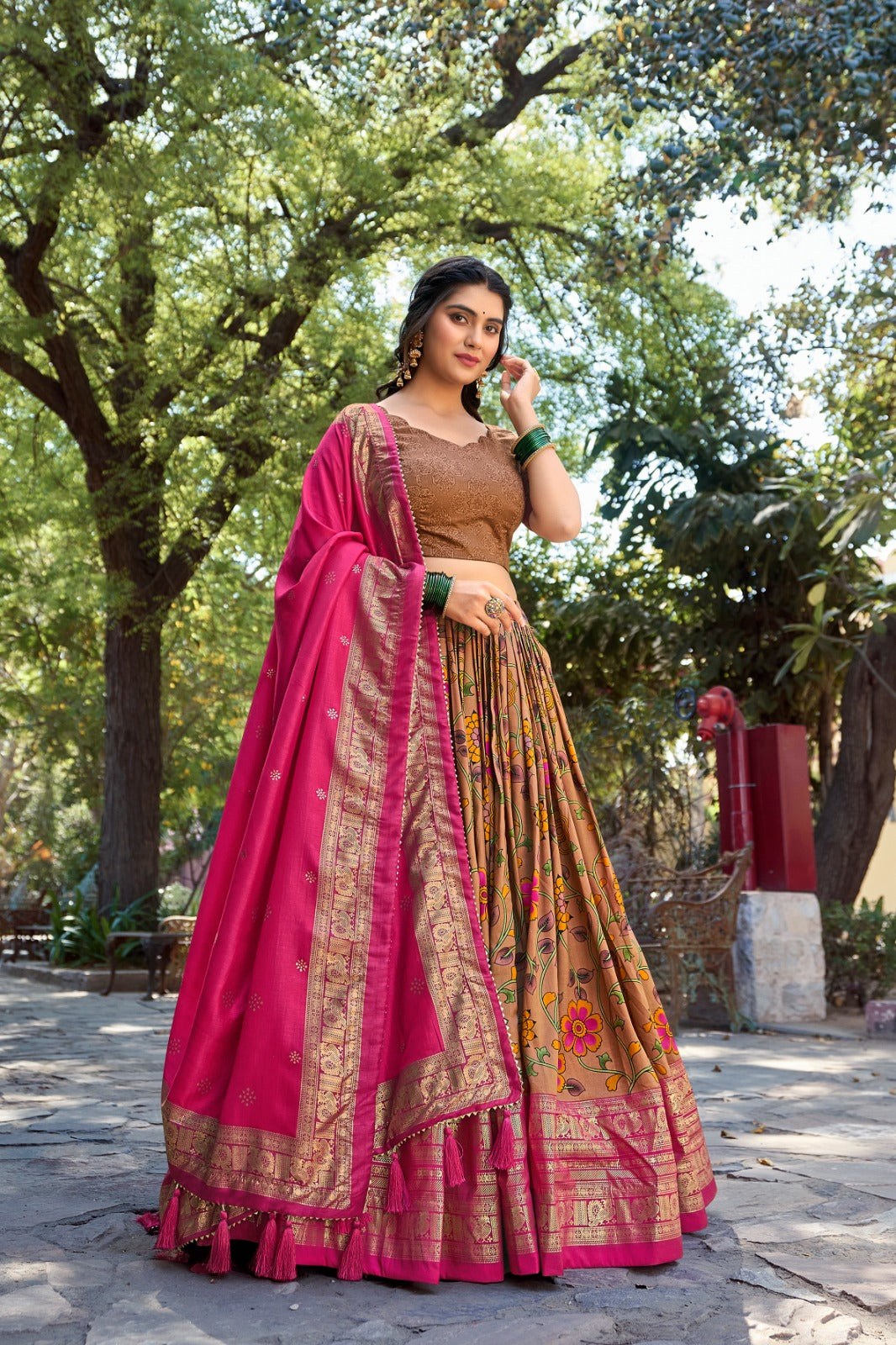 Ethereal Mustard Tussar Silk Kalamkari Printed Lehenga Choli Set - INDIAN ELEGANCE