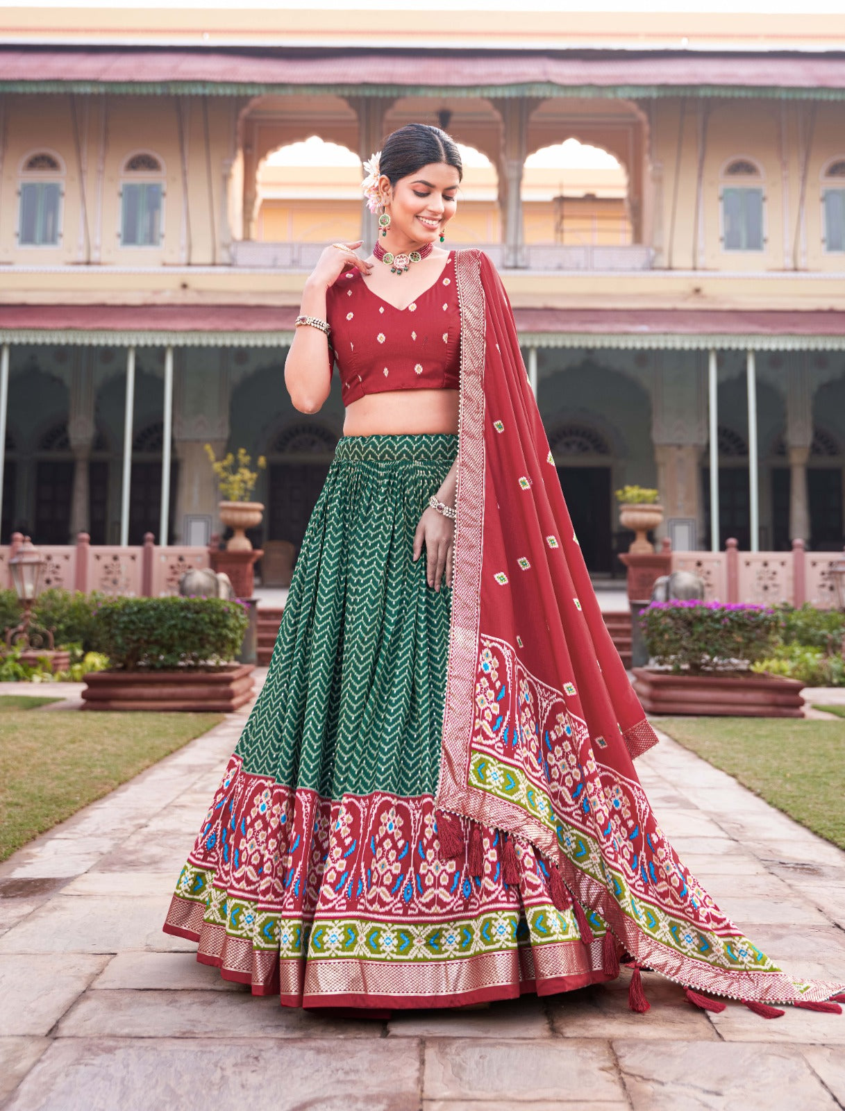 Enticing Green Tussar Silk Patola Printed Lehenga Choli Set - INDIAN ELEGANCE