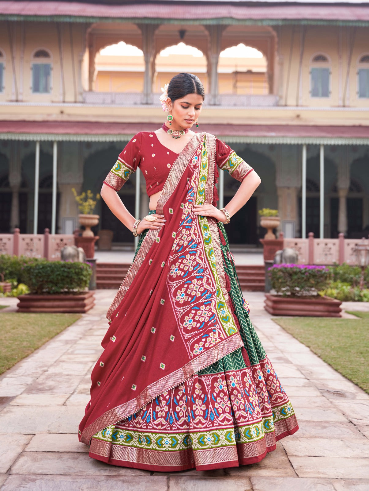 Enticing Green Tussar Silk Patola Printed Lehenga Choli Set - INDIAN ELEGANCE